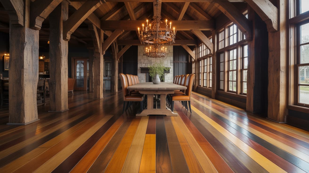 rustic dining hall with exposed wood beams and multitone floor displaying popular hardwood floor stain colors beneath a chandelier and long table