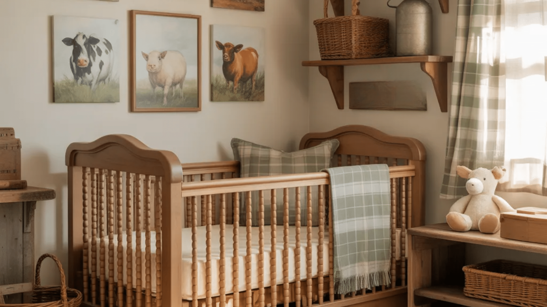 rustic farm nursery ideas with wooden crib farm animal wall art baskets