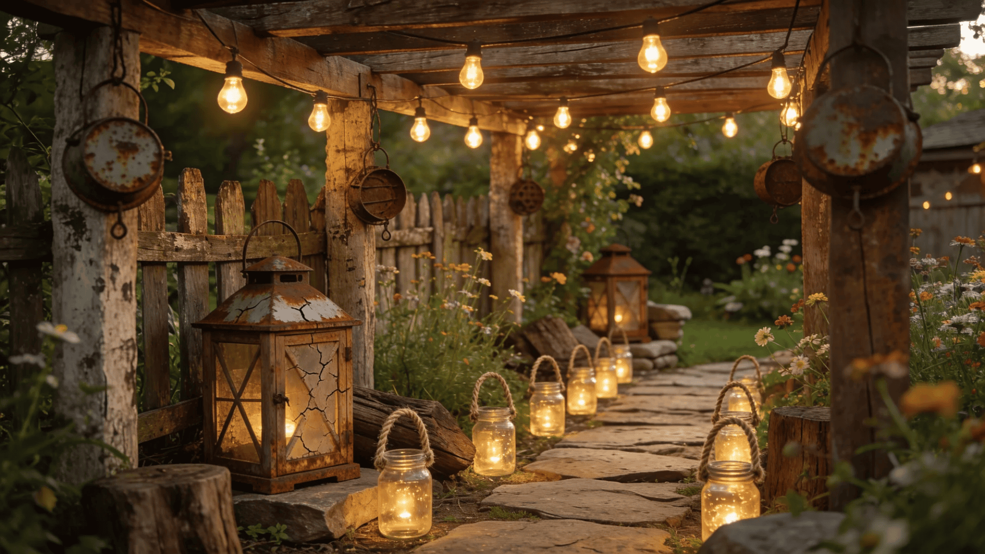 rustic garden path with hanging bulbs and jars lit with candles creating warm cozy atmosphere