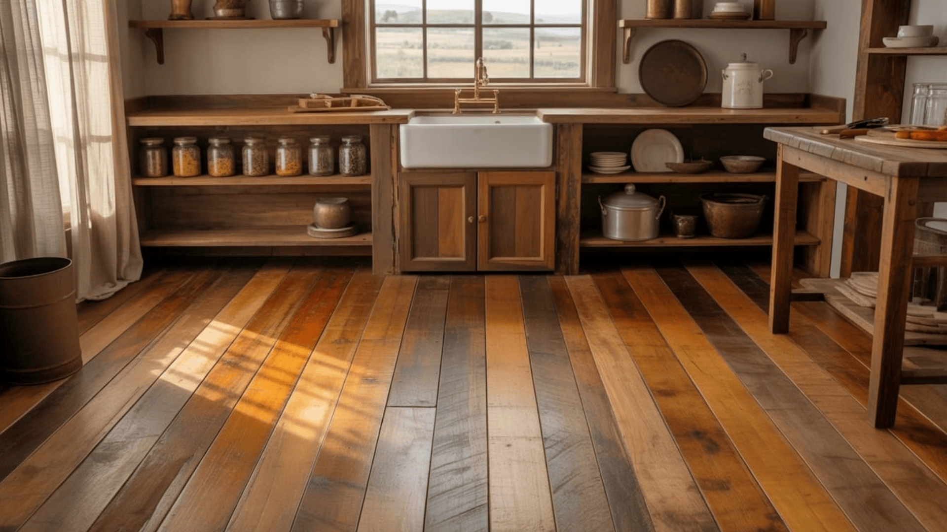 rustic kitchen interior with wooden cabinets and floor showing popular hardwood floor stain colors in warm brown tones