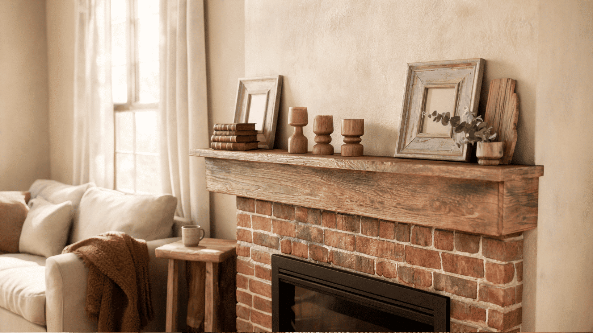 rustic living room with brick fireplace wooden mantel cozy sofa and warm neutral decor