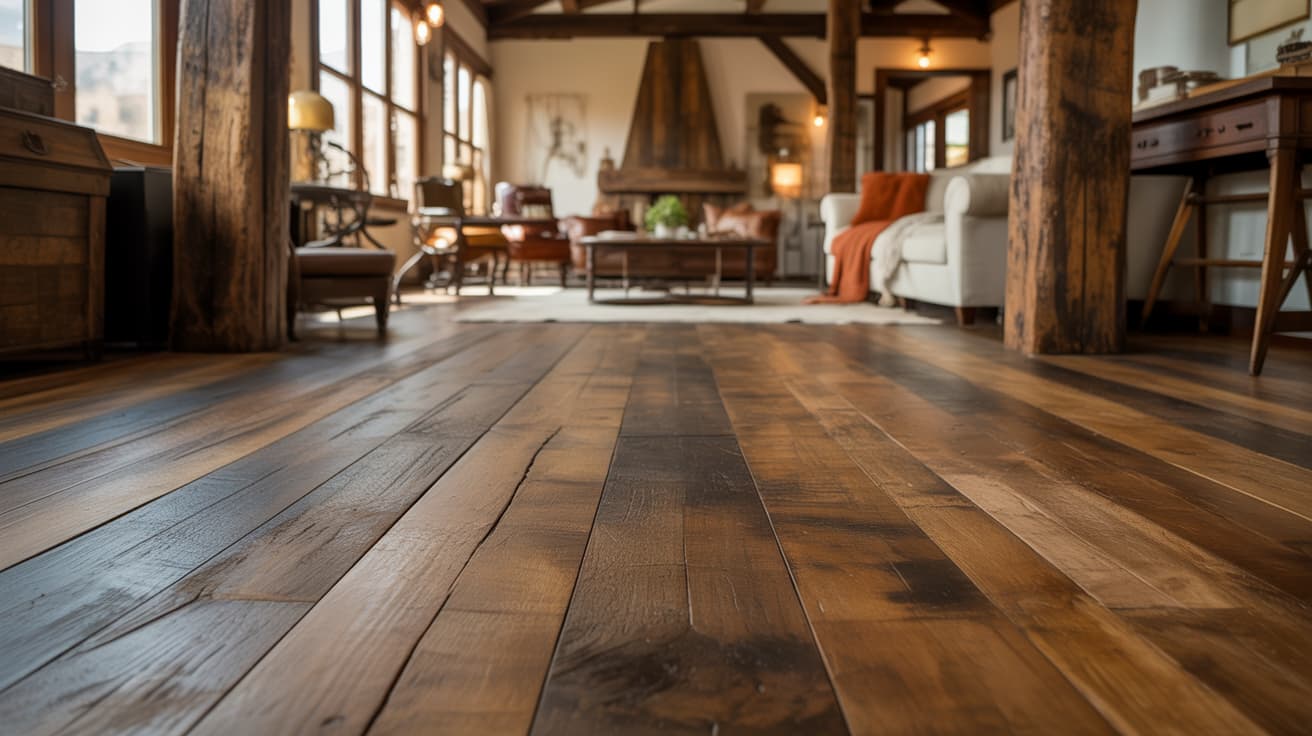 rustic living room with exposed wood beams and wide plank floor showing popular hardwood floor stain colors in warm natural shades