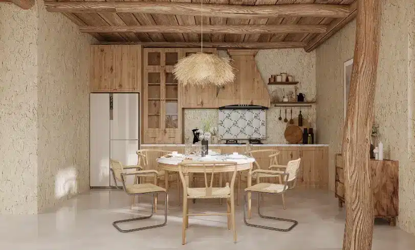 Rustic kitchen with wooden cabinets, round dining table, wicker chairs, and a straw pendant light