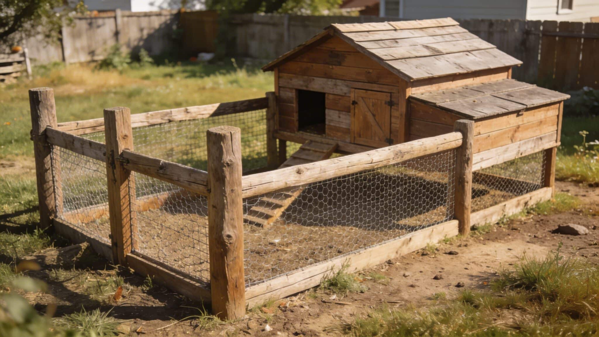 rustic wooden chicken coop with fenced run weathered wood posts wire mesh small backyard farm setting