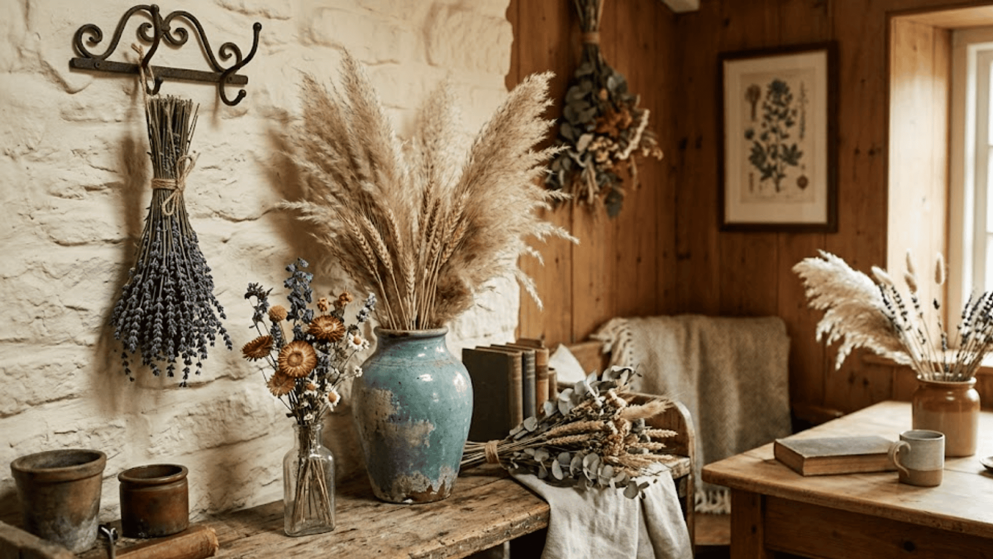 rustic wooden room with dried flowers vase decor on table cozy farmhouse interior style