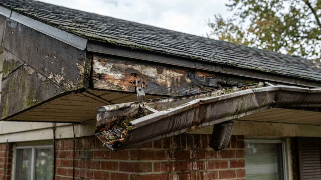 sagging gutter pulling away from damaged fascia board showing what is fascia on a house and common roof edge issues