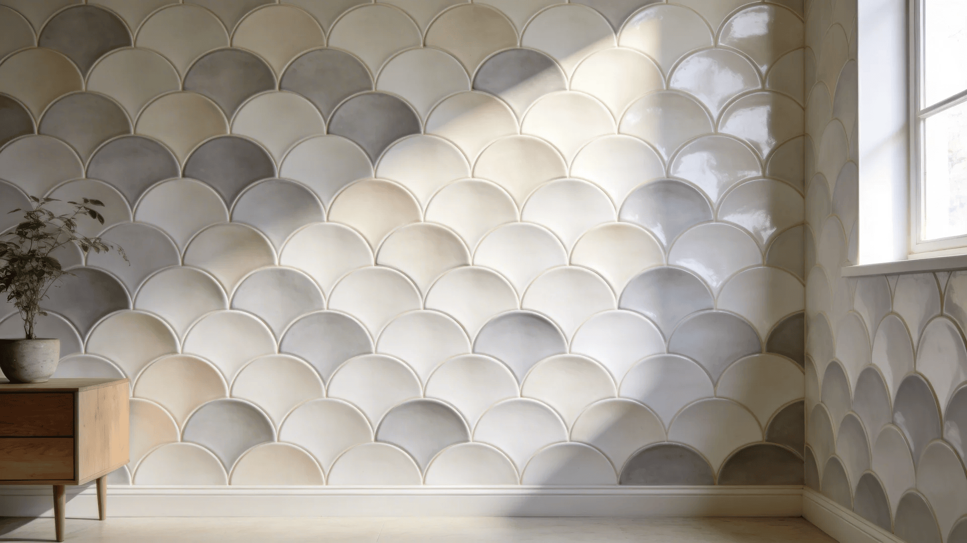 scallop tile pattern with curved tiles arranged in repeating layout creating soft flowing visual effect