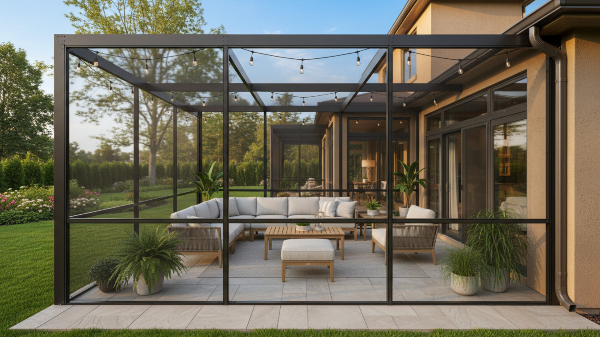 screen enclosure patio with modern seating and lighting