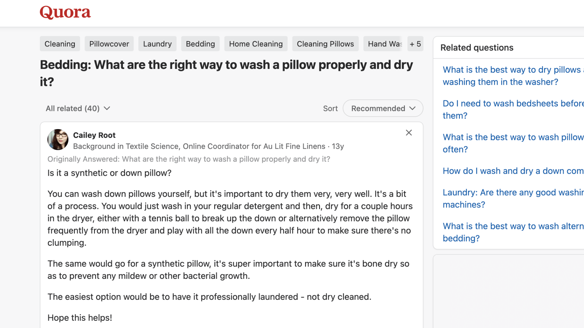 screenshot of quora page discussing how to wash pillows and drying tips can you wash pillows properly at home