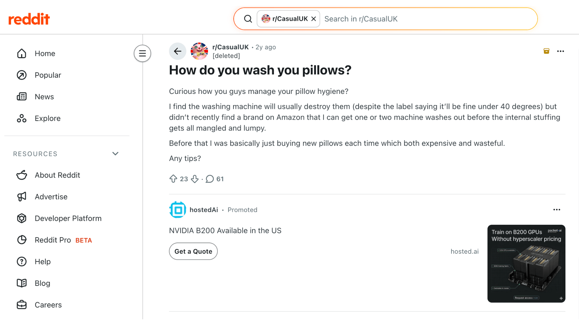 screenshot of reddit post asking how to wash pillows with user tips and discussion can you wash pillows at home
