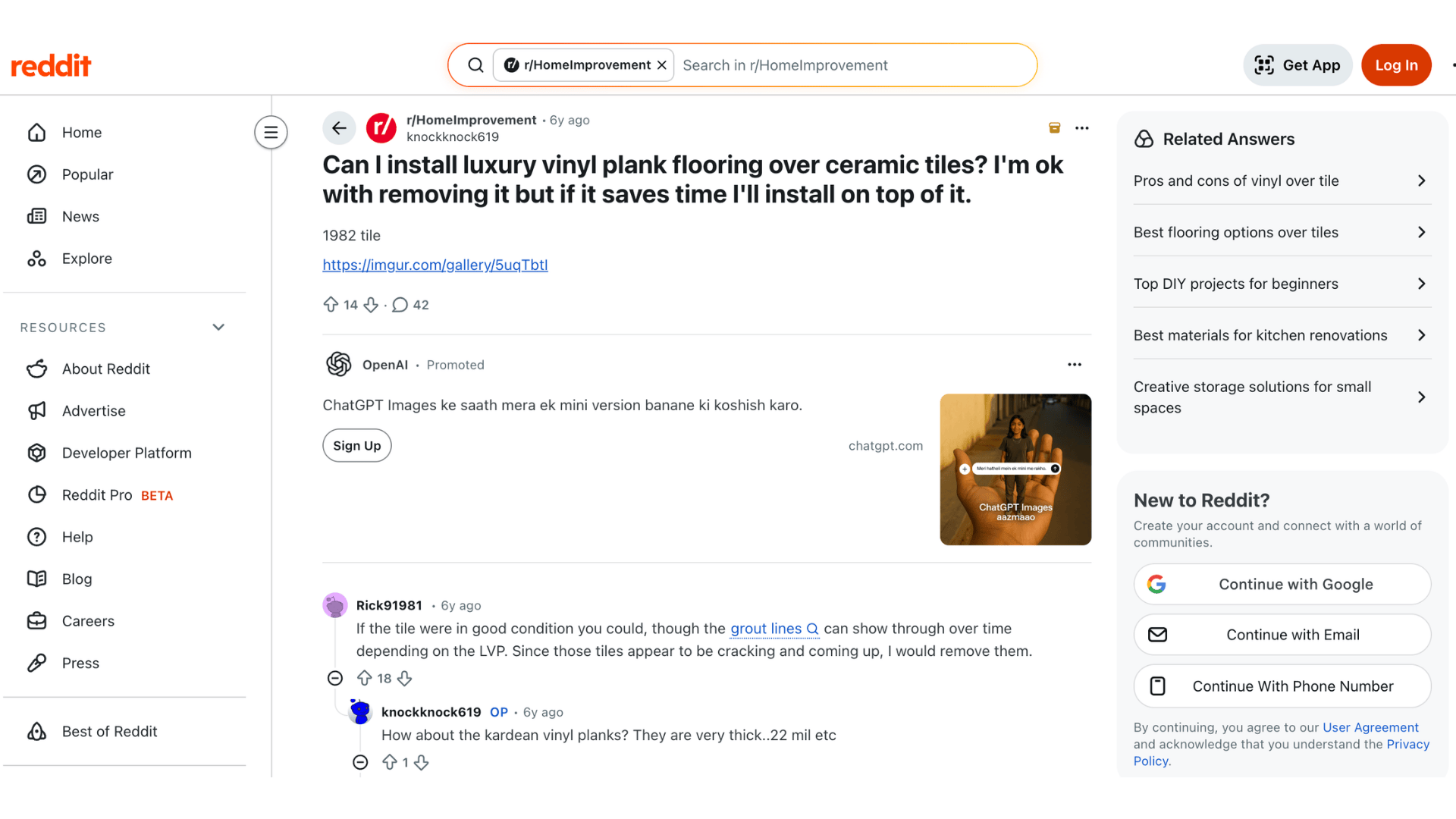 screenshot of reddit post discussing can you put vinyl flooring over tile with advice and comments