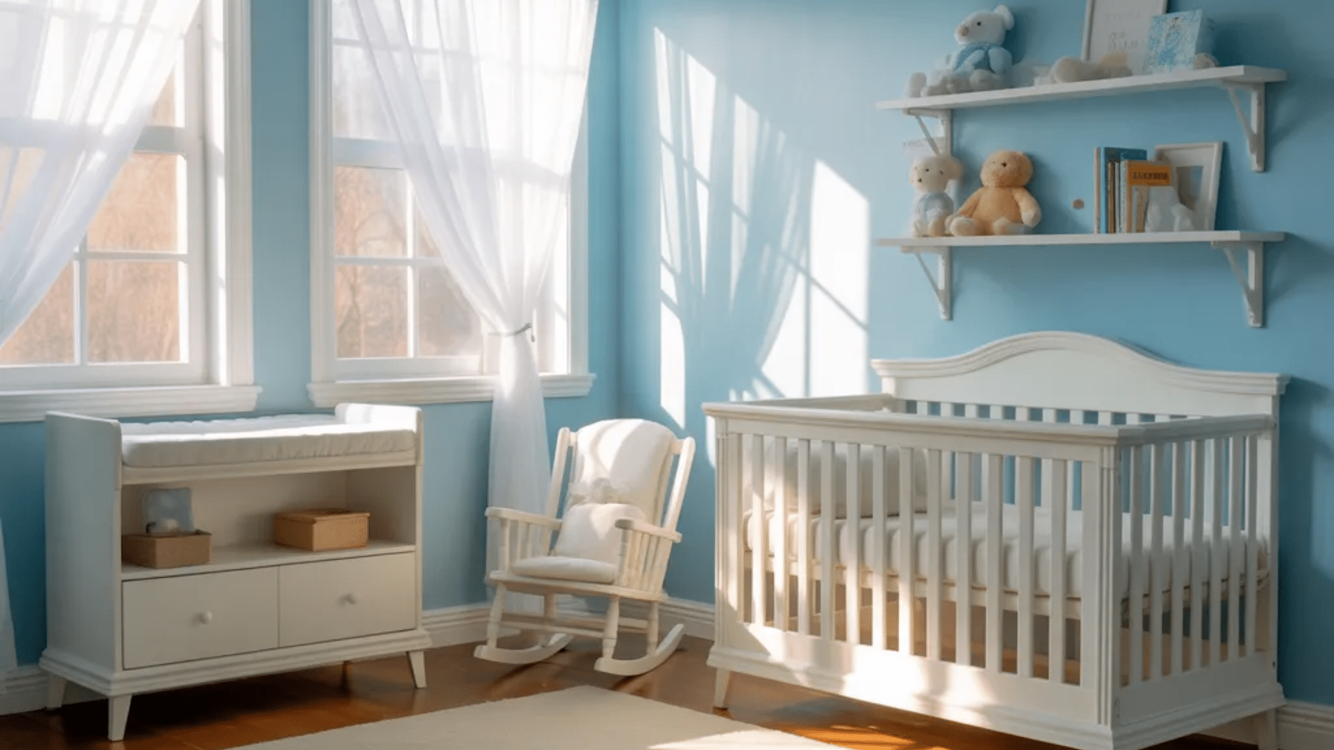serene sky blue nursery ideas with white crib rocking chair soft light
