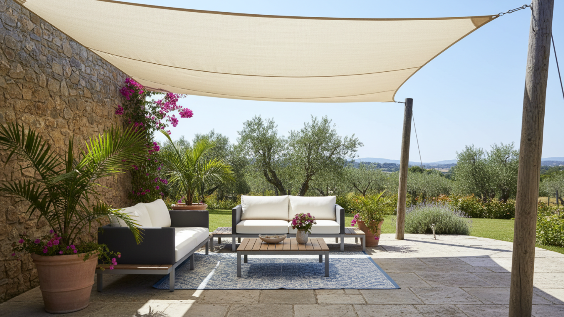 shade sail patio with outdoor sofa and plants