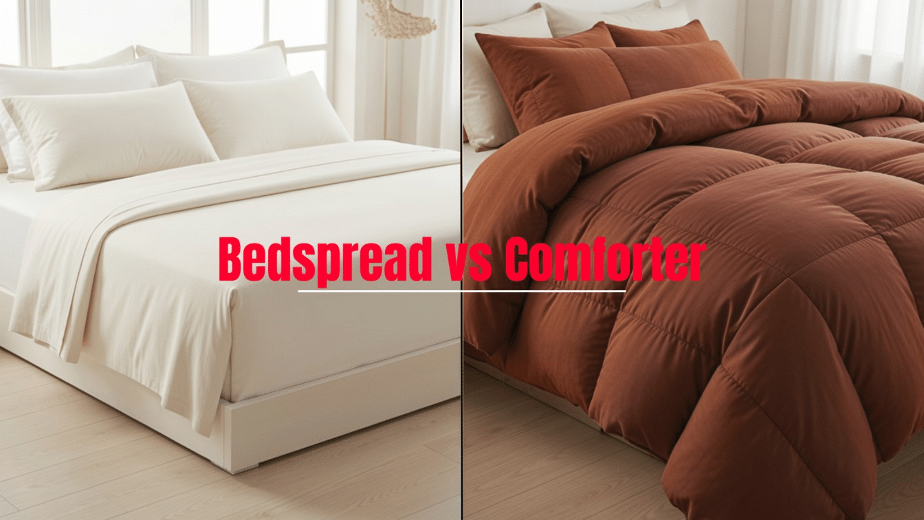 side by side comparison between bedspread and comforter on beds showing thin cover versus thick quilted bedding (1) (2)