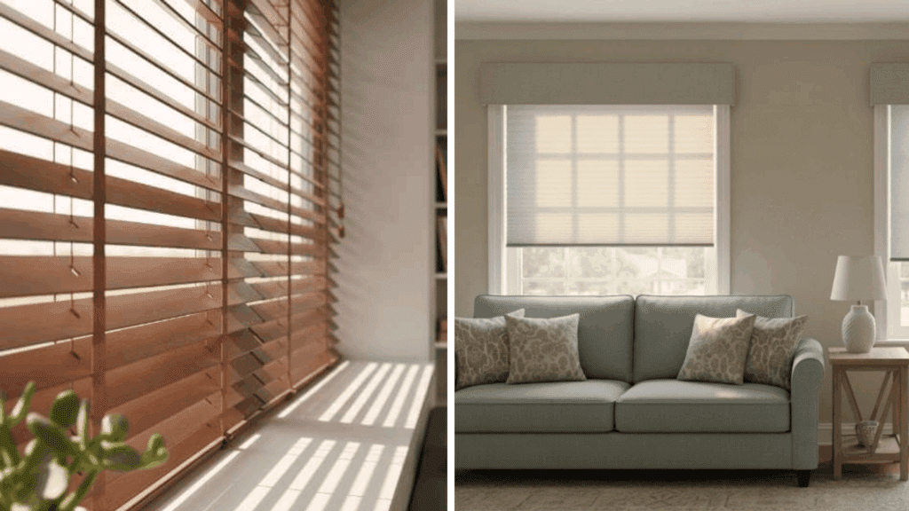 Cellular Shades vs Blinds: Which One Is Better for You? side by side comparison of wooden window blinds and cellular shades in bright modern living spaces