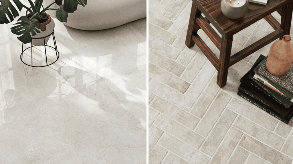 side by side view of smooth large porcelain floor tiles and textured small ceramic tiles with stool and plant