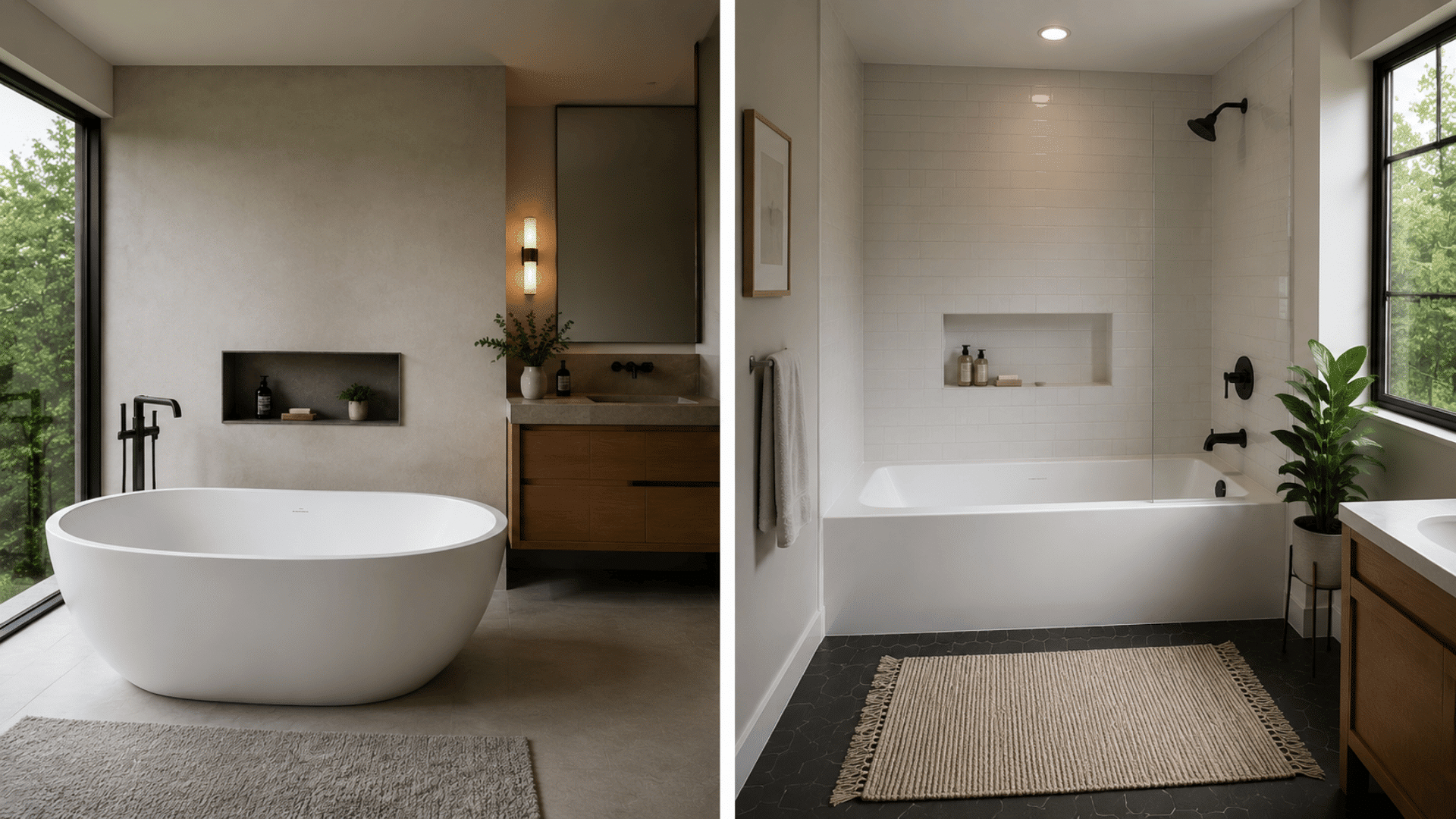 side by side view of two modern bathrooms one with a freestanding soaking tub and one with a built in bathtub with a plant