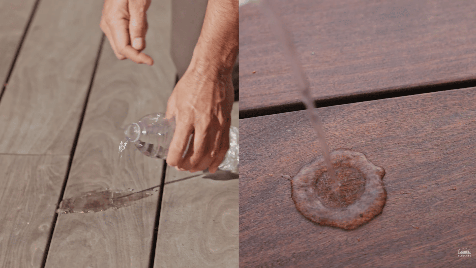 side by side view of water soaking untreated deck boards and beading on freshly stained wood surface