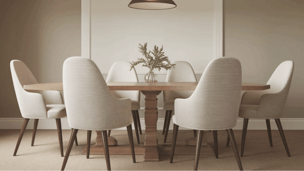 simple dining room with wooden table upholstered chairs neutral tones and minimal decor