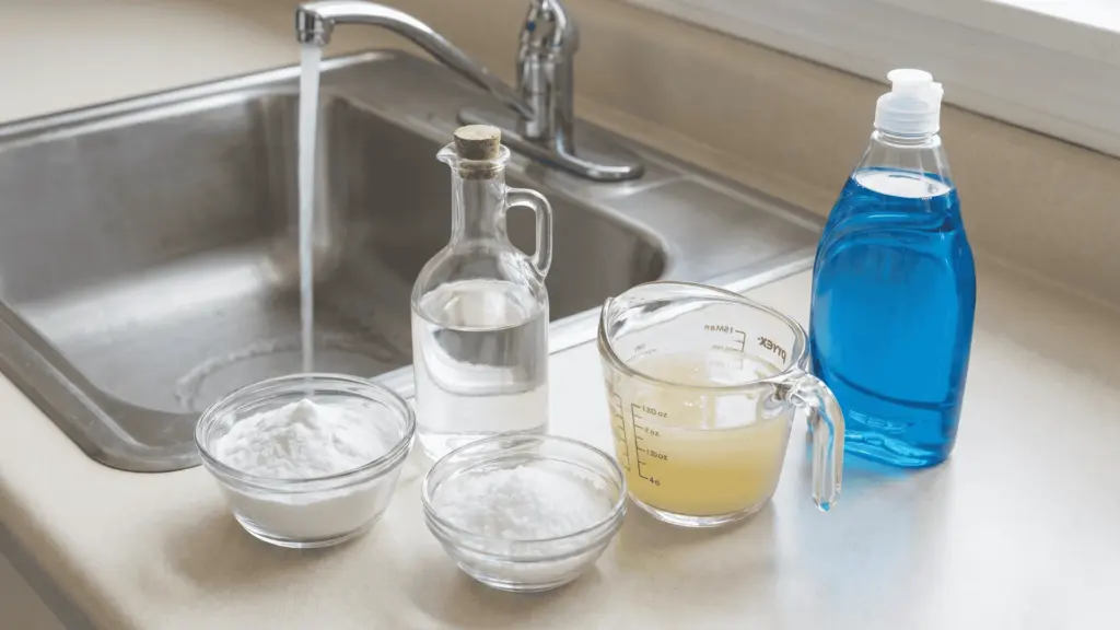 Simple Homemade Drain Cleaner that Actually Works Baking soda, vinegar, salt, lemon juice, and dish soap arranged near a kitchen sink.