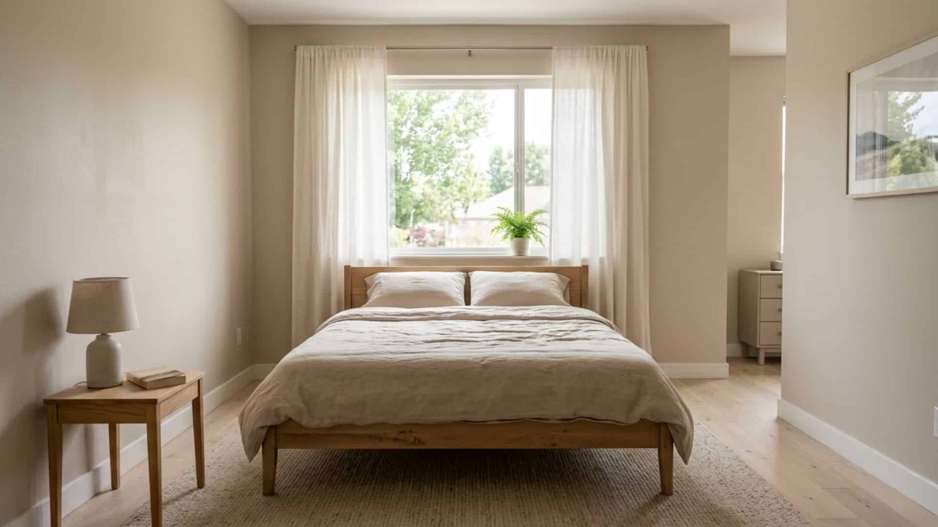 simple window decor behind bed with sand bedding soft light minimal pillows clean airy bedroom layout design