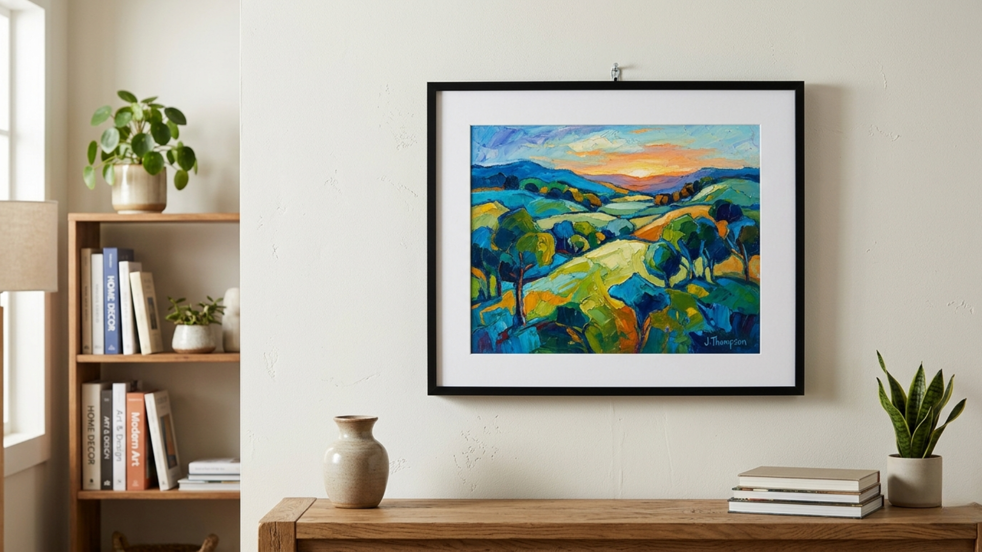 Single framed artwork centered neatly above a console table on drywall