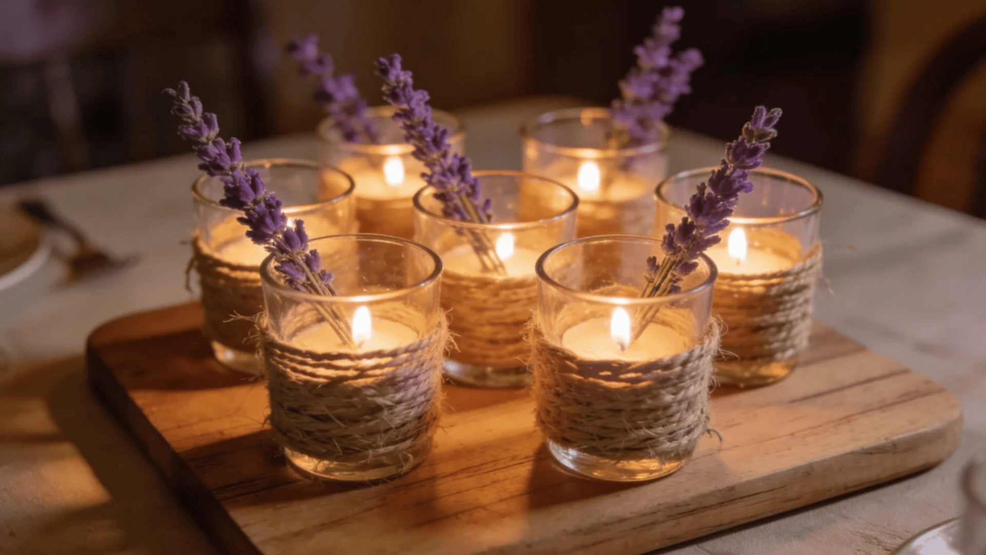 six small candles in glass holders with lavender placed on wooden tray in warm dim light