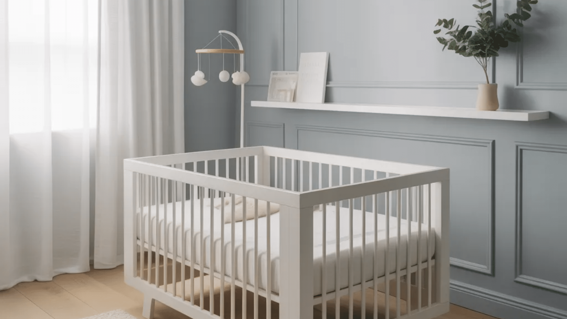 sleek urban gray nursery ideas with modern white crib soft blue walls