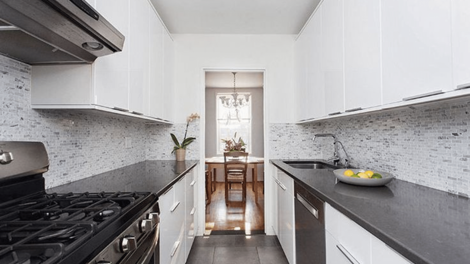 sleek white galley kitchen designs for small narrow homes