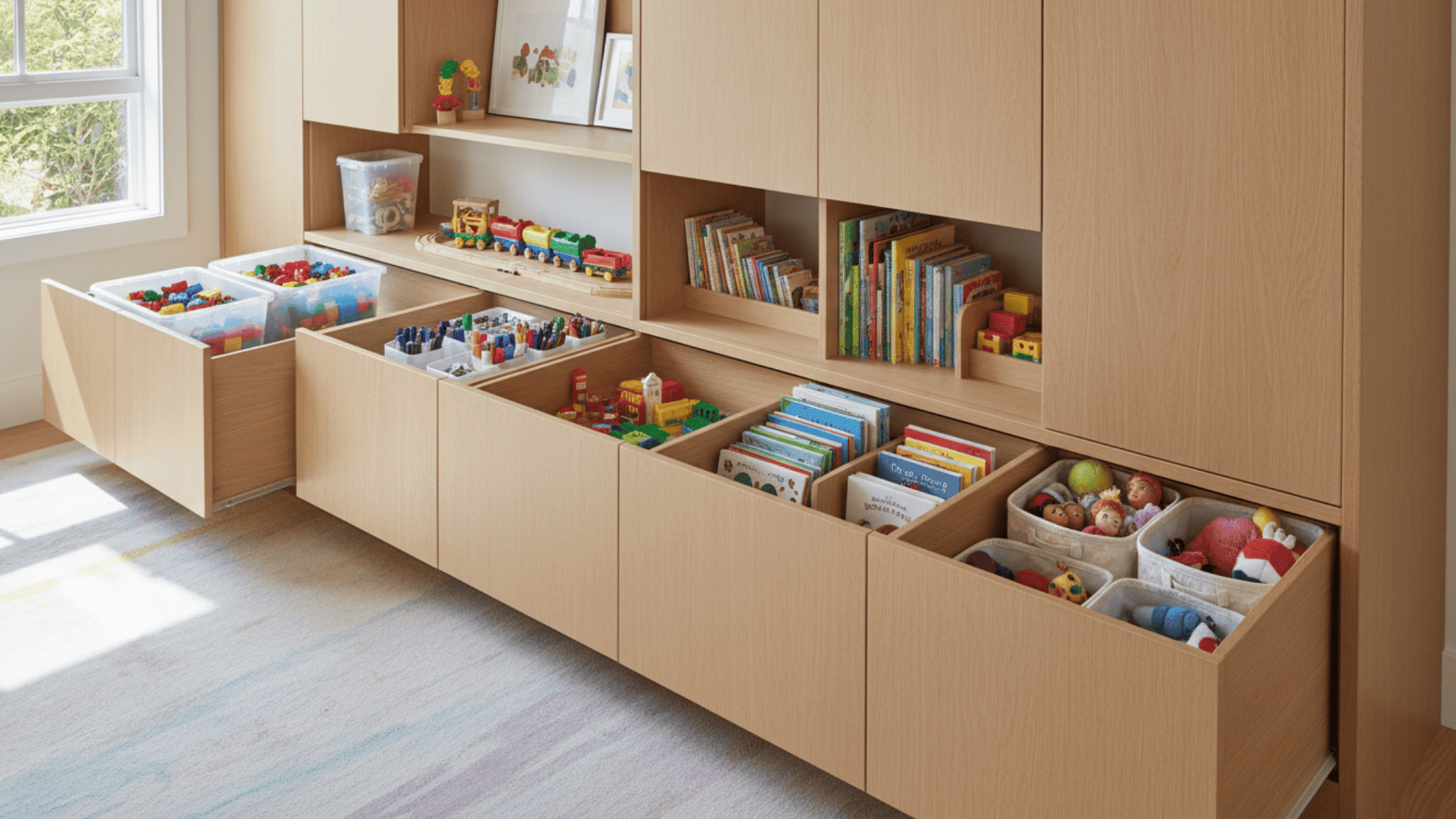 slide out cabinet storage with drawers for kids toys books and supplies in neat playroom storage setup