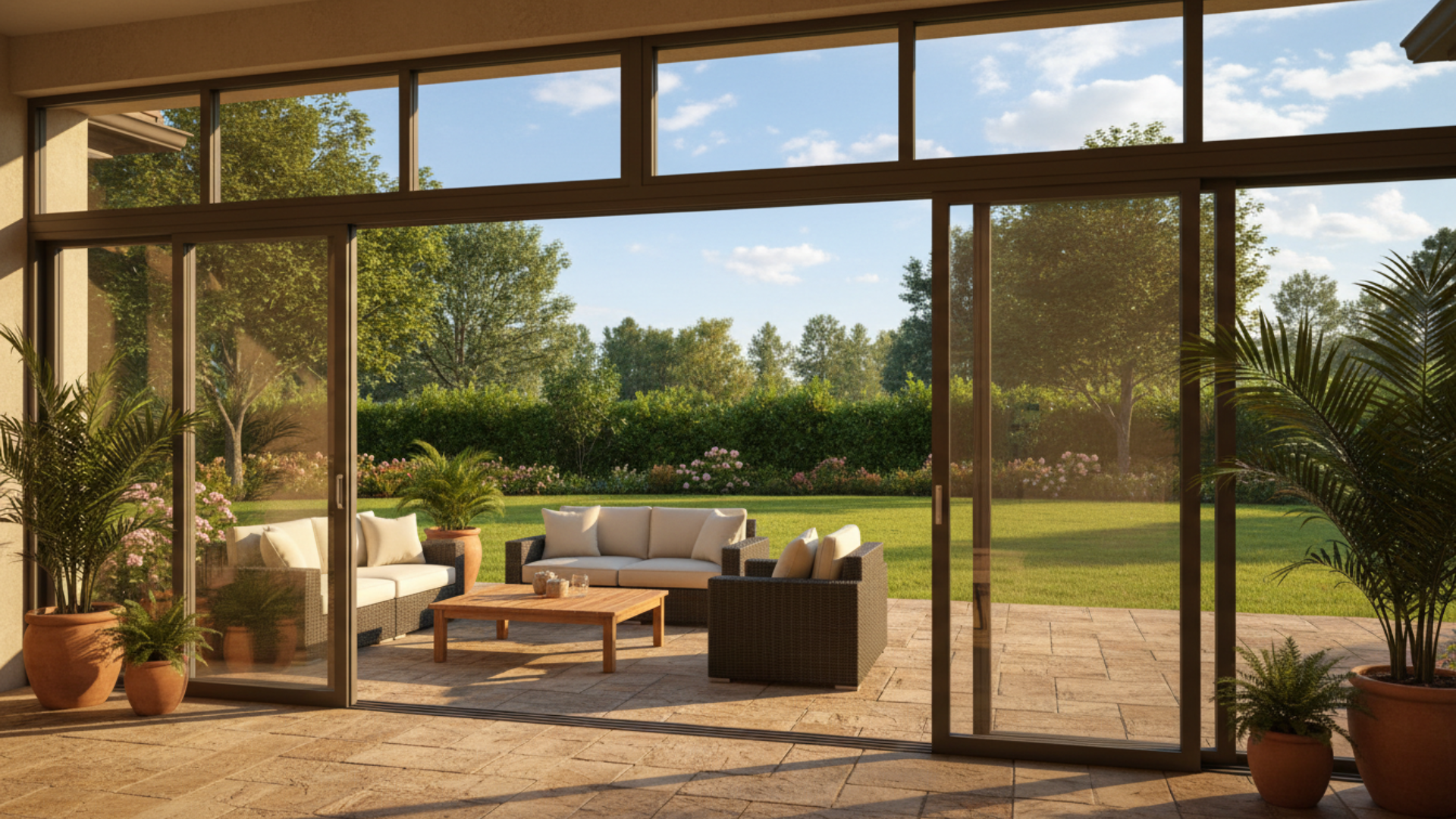 sliding glass doors opening to patio seating area