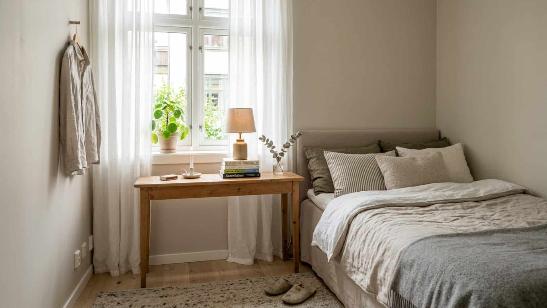 slim console table between bed and window in small bedroom with neutral decor smart space saving layout idea