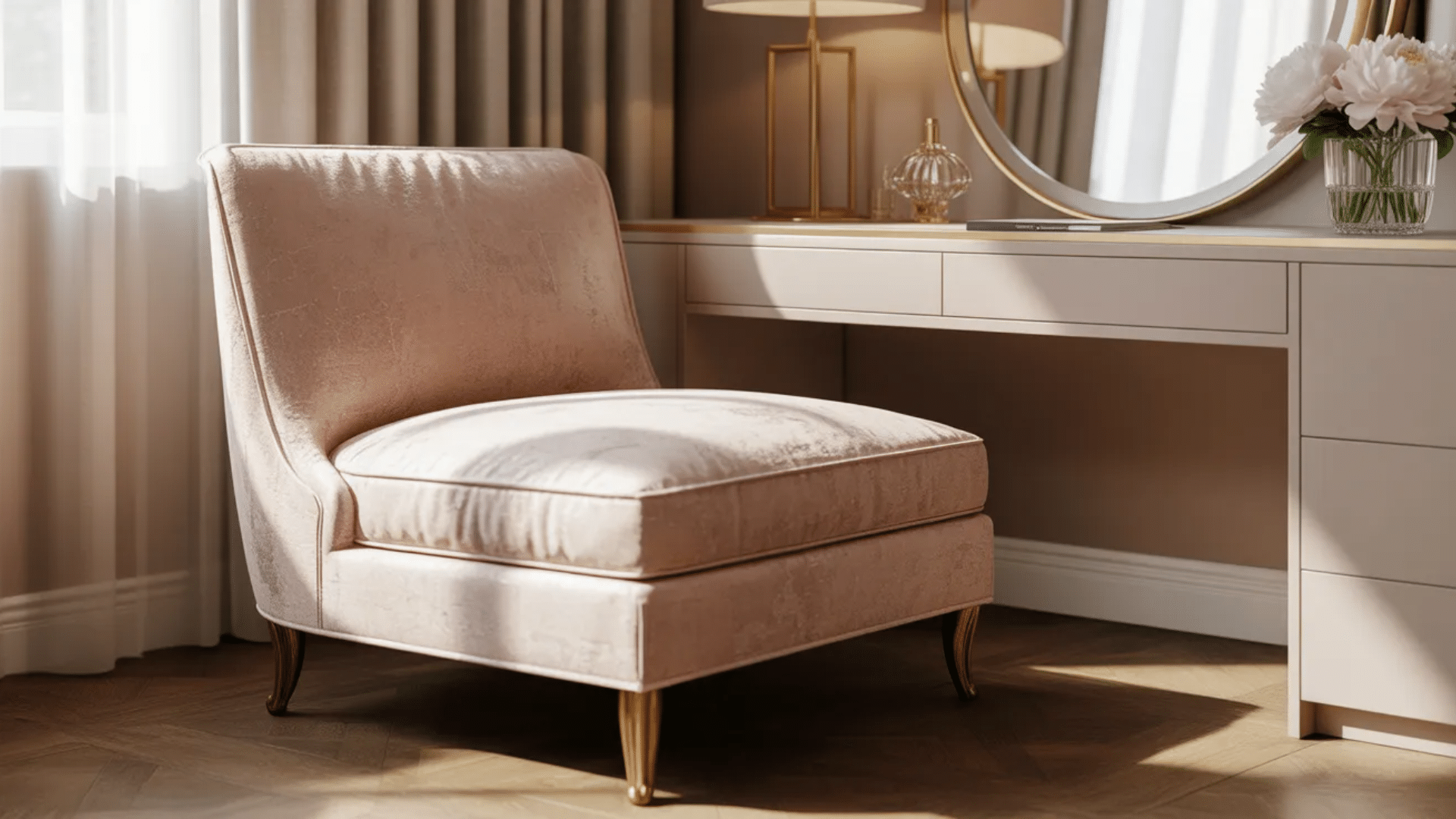 slipper chair with armless low profile design and cushioned seat suitable for bedrooms small spaces or vanity seating