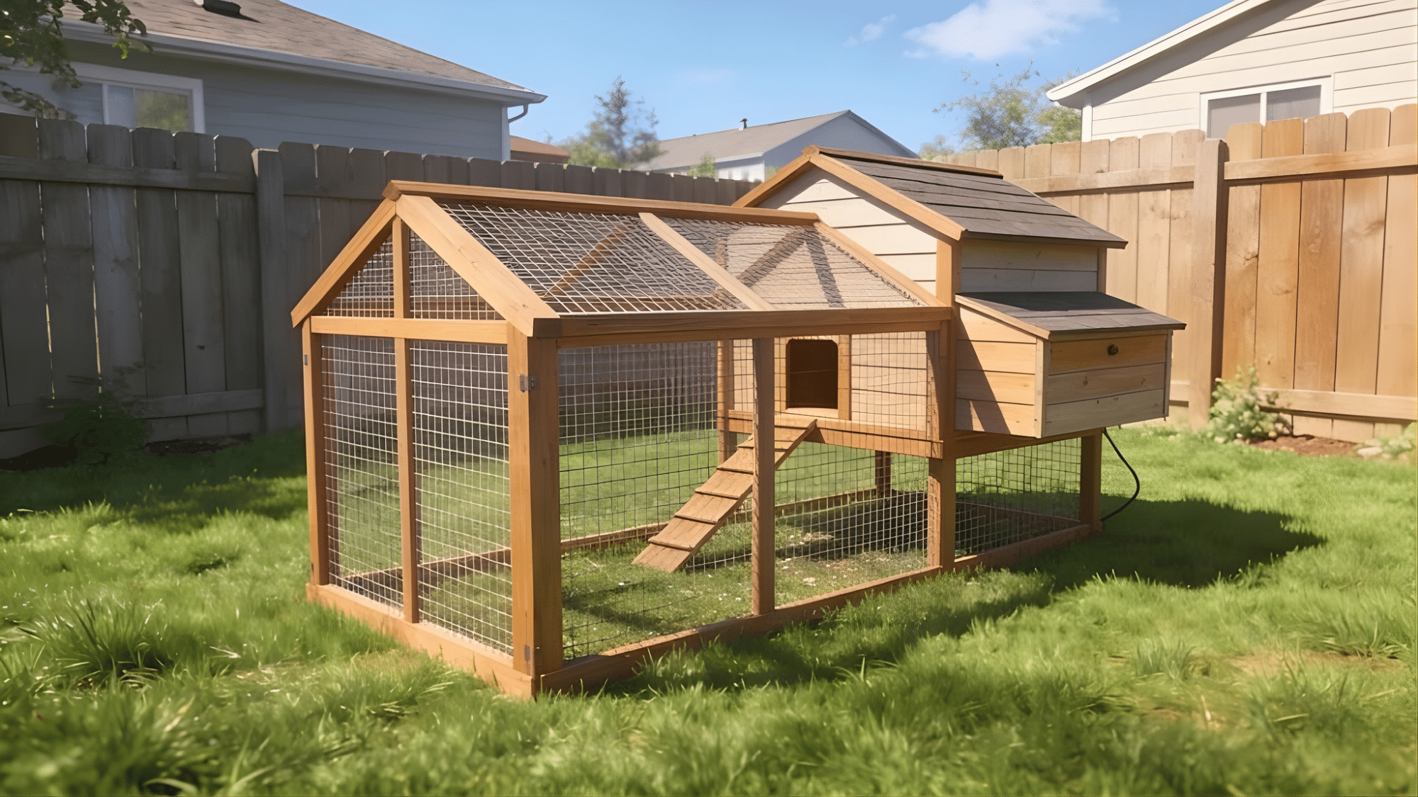 small backyard chicken run with wooden frame wire mesh enclosure attached coop and chickens on grass in a fenced backyard