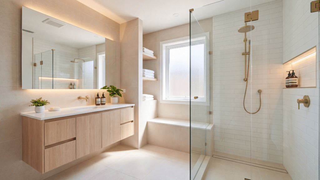 How to Make a Small Bathroom Look Bigger: 20 Ways small bathroom design with a large mirror and glass shower.