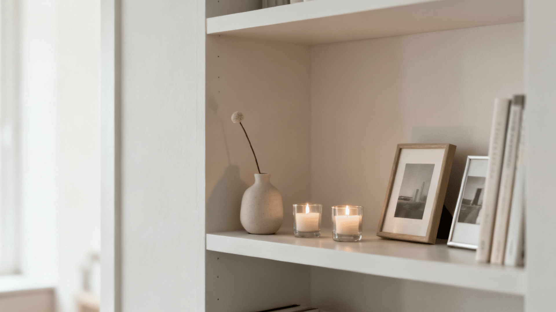 small decor pieces like candles vase and frames styled on shelf creating a simple and minimal look