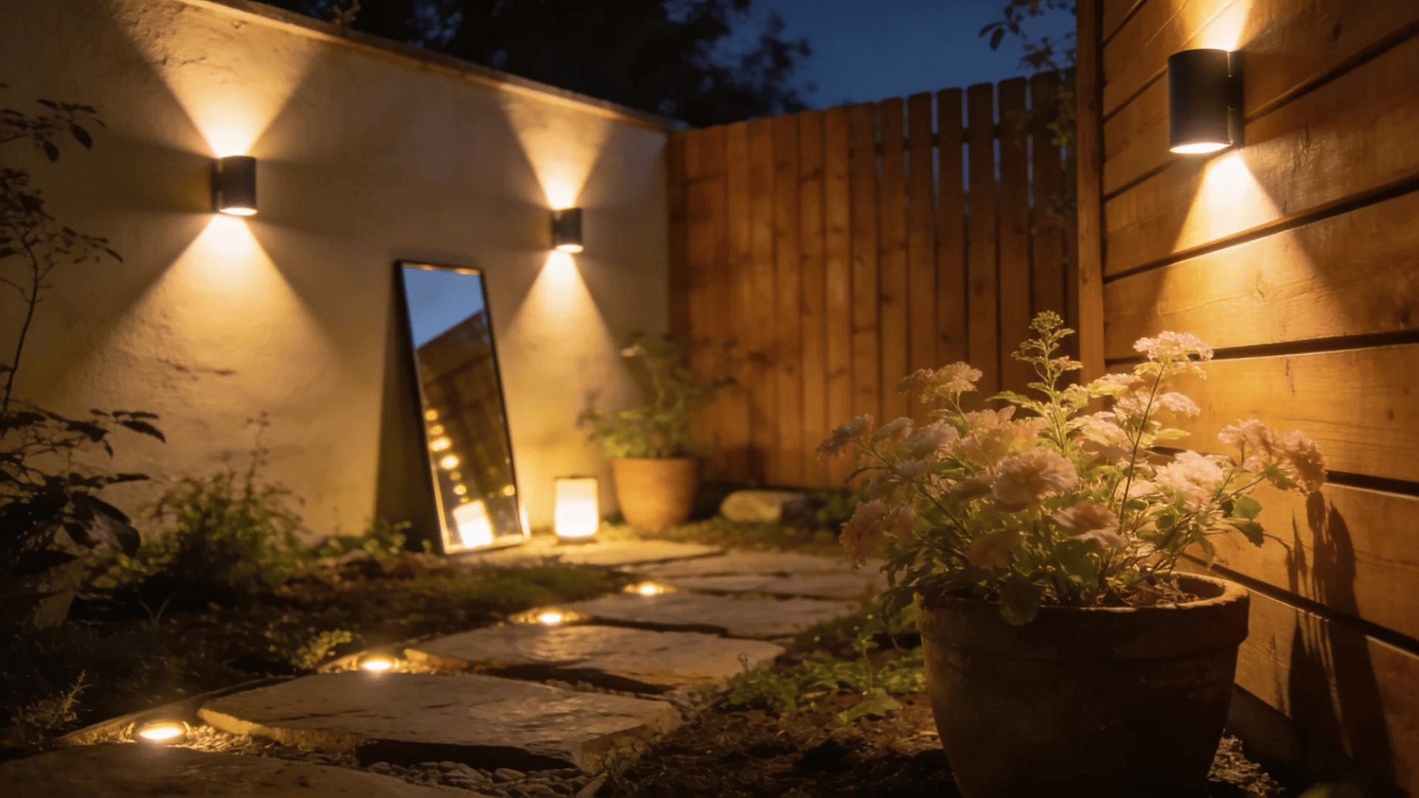 small garden corner with potted flowers wall lights and stepping stones glowing at night
