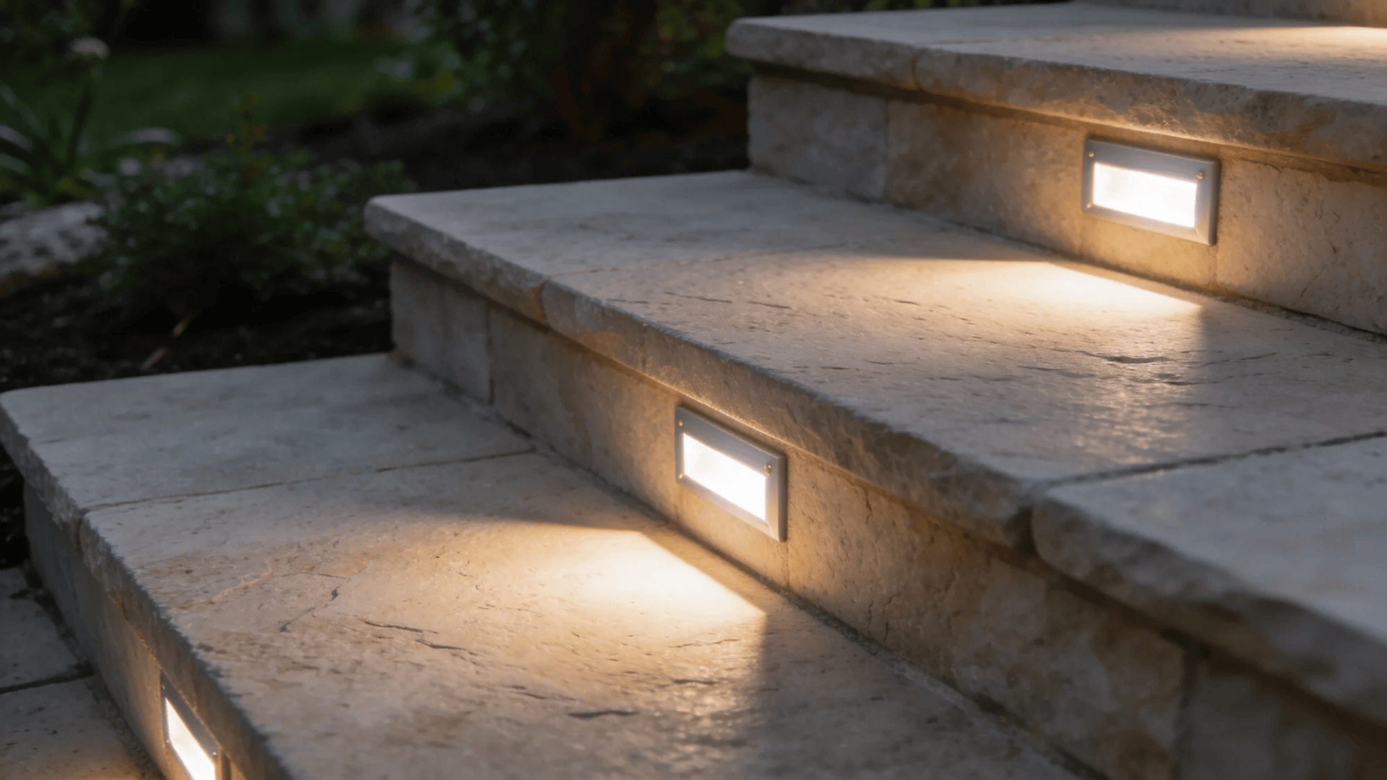 small rectangular lights embedded in stone steps softly illuminating outdoor staircase at night