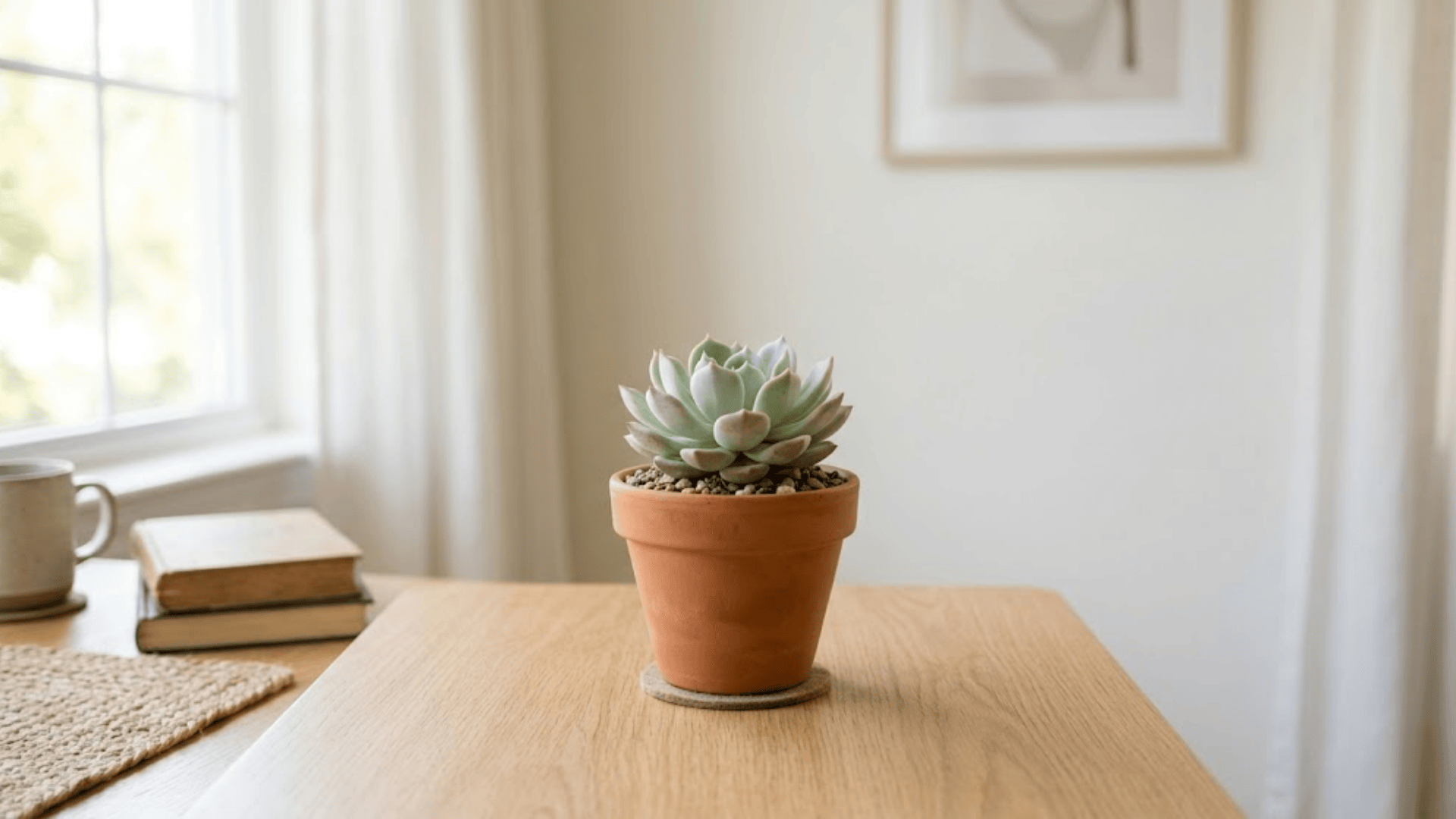 small succulent in terracotta pot on wooden table by window low maintenance outdoor plants decor (1)
