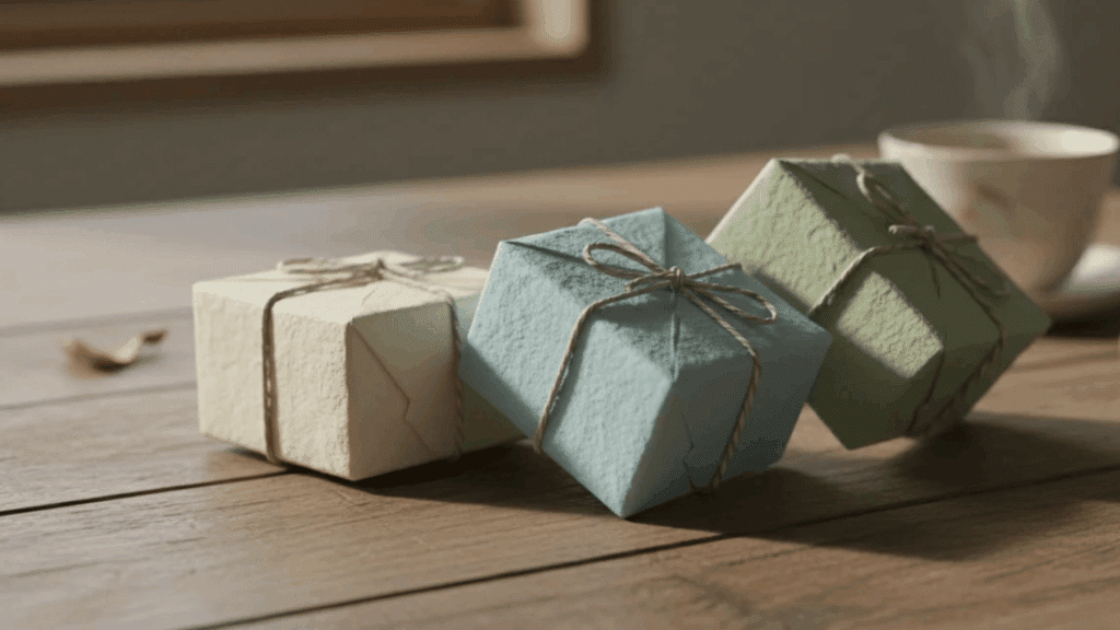 small wrapped gift boxes tied with string on wooden table surface
