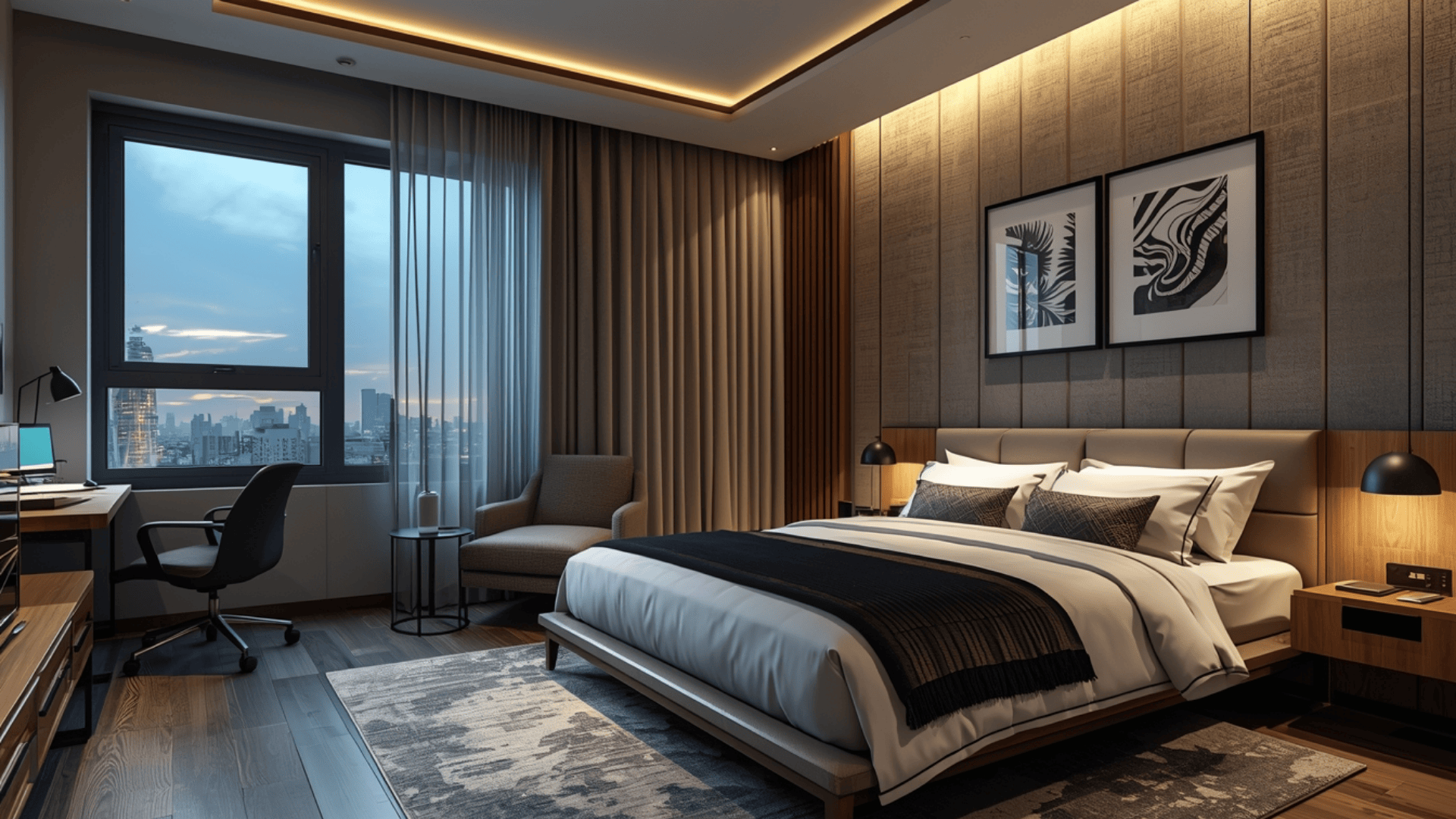 Smart bedroom with LED lighting, floating bed, digital display panels and sleek modern mens room decor design