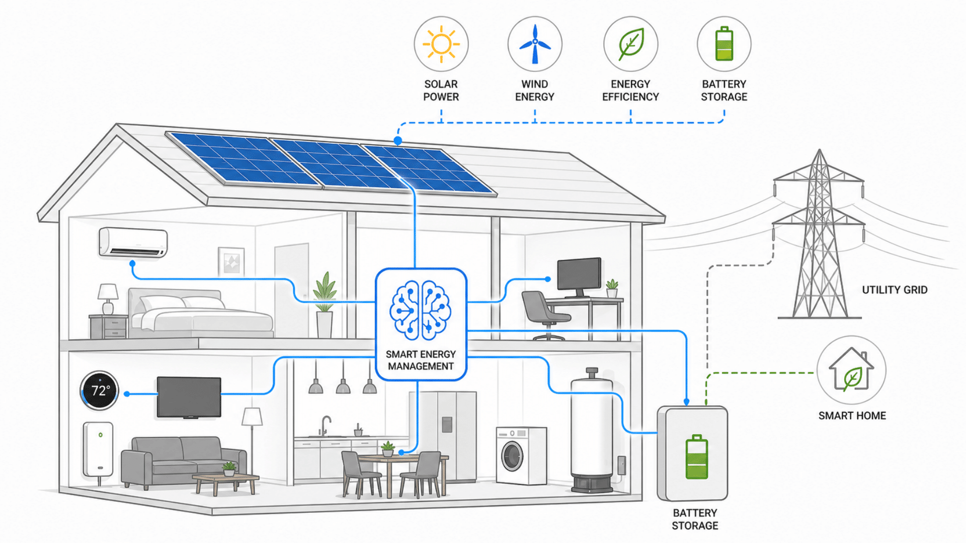 smart home diagram showing solar panels battery storage grid connection and energy flow between devices in the house