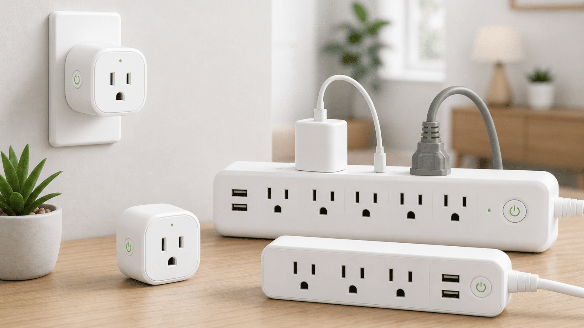 smart plugs and power strips on wooden table with wall outlet showing modern home energy control devices