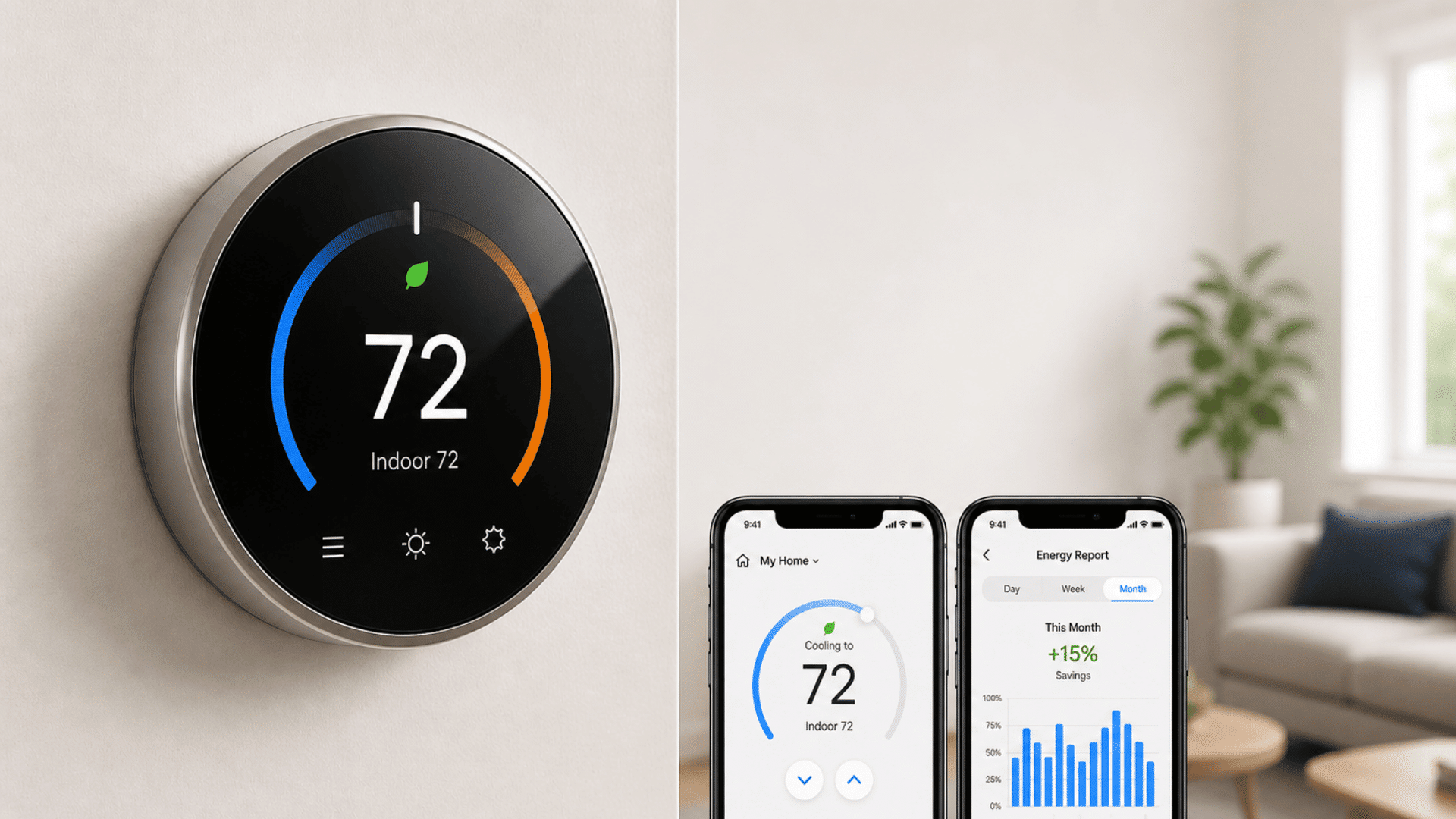 smart thermostat showing temperature with mobile app displaying energy data and home control in a modern living space