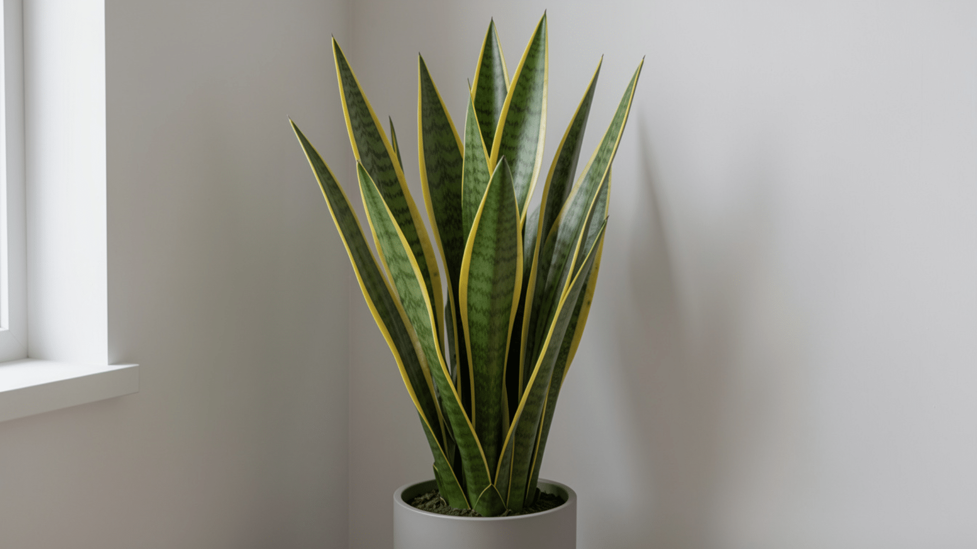 snake plant in pot by window showing popular house plants for modern minimalist home decor