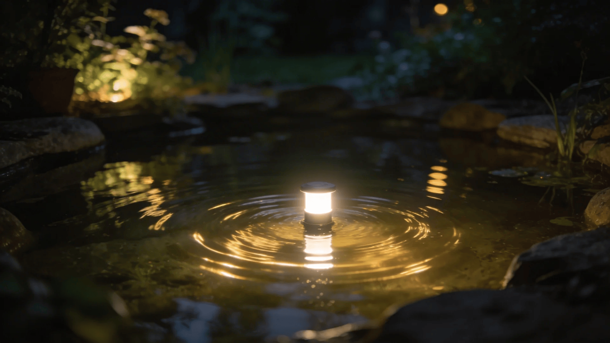soft glowing light floating in garden pond creating ripples and reflections at night