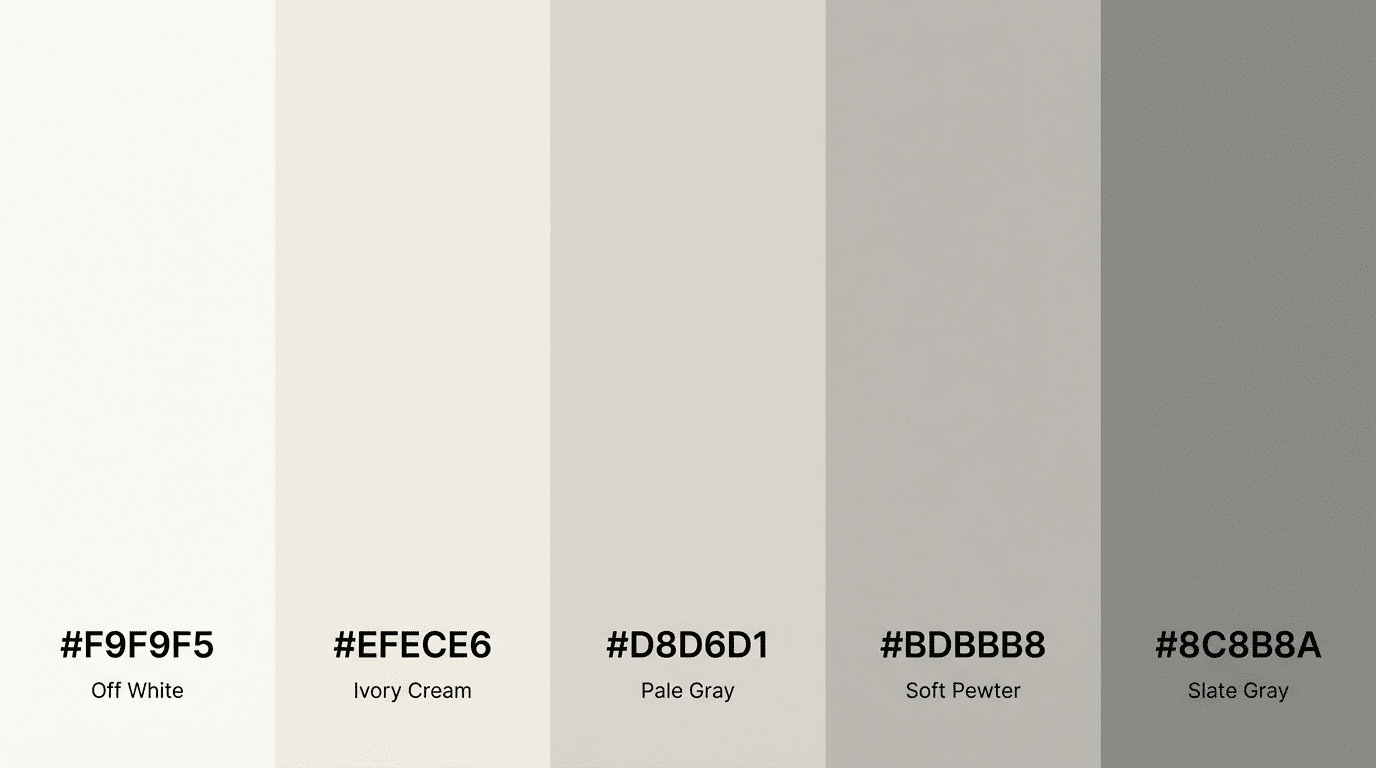 soft neutral palette of off white ivory cream gray and taupe tones arranged vertically with hex codes and labels