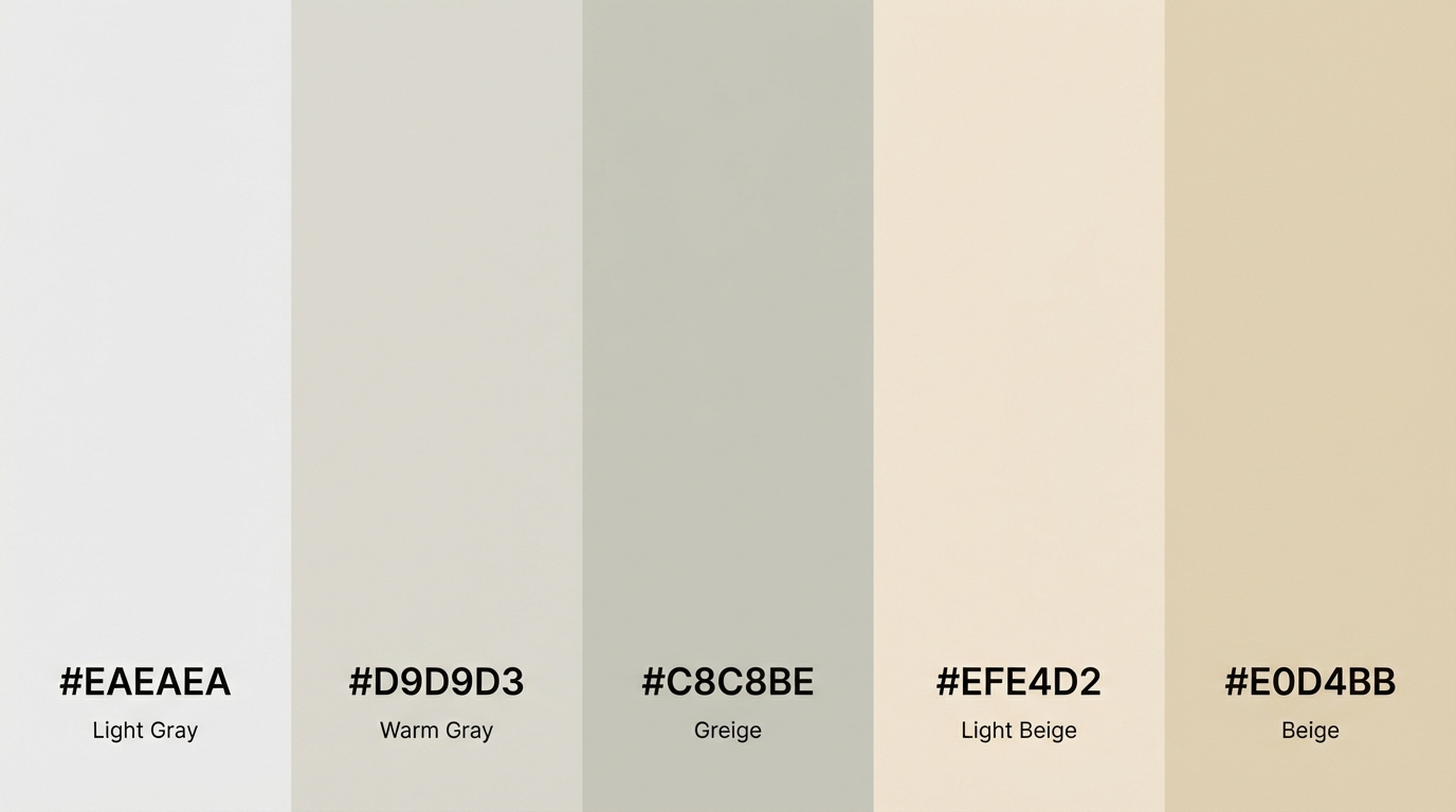 soft neutral palette showing light gray warm gray greige and beige shades with hex codes and names beneath each color