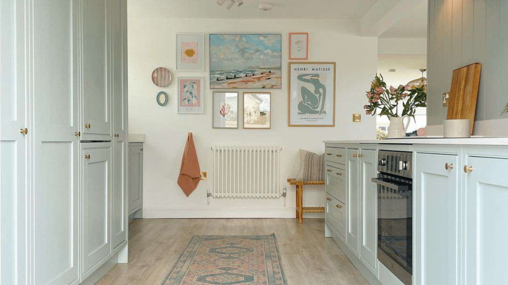 soft pastel galley kitchen designs with open walkway layout