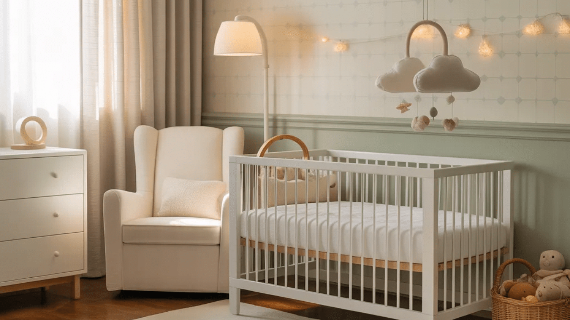soft pattern nursery ideas with white crib cozy chair